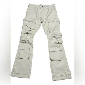 First Row men’s stacked faux leather pants multiple leg pockets cream size 36X35